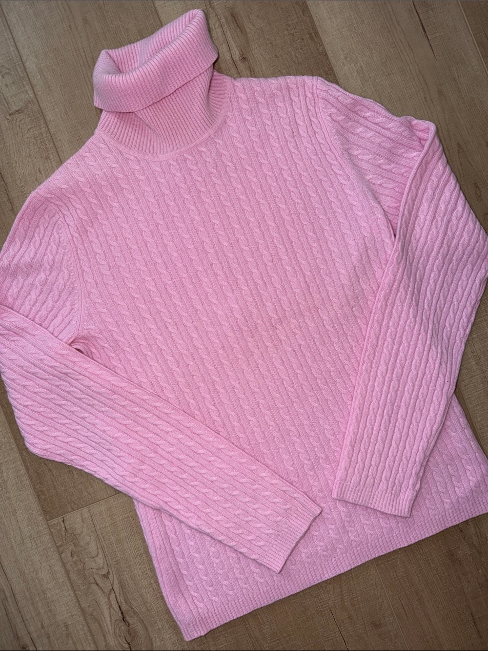 Anne Klein Sport Women’s 100% Cashmere Pink Cable Knit Turtleneck Sweater-Large